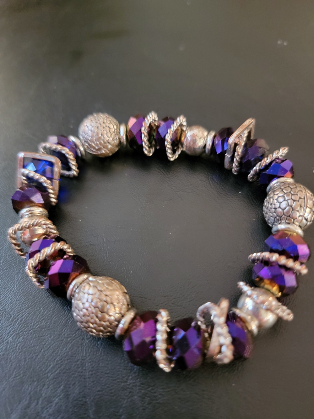 Lane Bryant Purple Beaded Stretch Bracelet with Silver Accents
